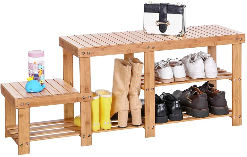 SONGMICS Bamboo Shoe Bench Entryway Storage Rack with High and Low Levels