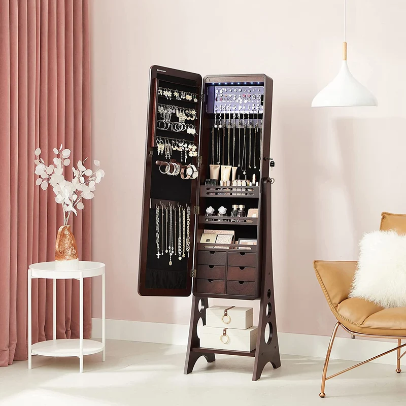 SONGMICS 8 LEDs Jewelry Cabinet Armoire with Beveled Edge Mirror, Brown