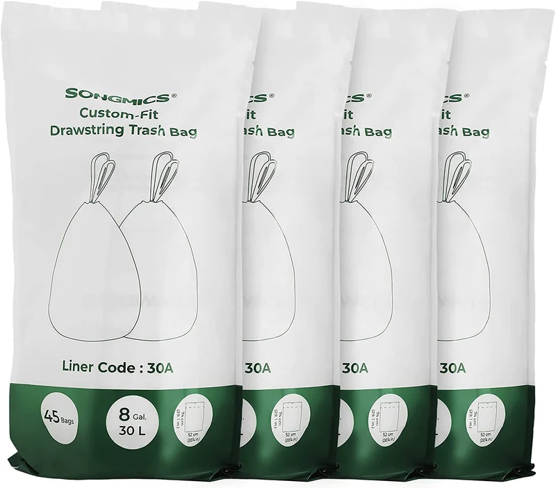 SONGMICS Drawstring Trash Bags, 8.5 Gal. Garbage Bags for 8 Gal. or 16 Gal. Dual Trash Cans,for Kitchen, White