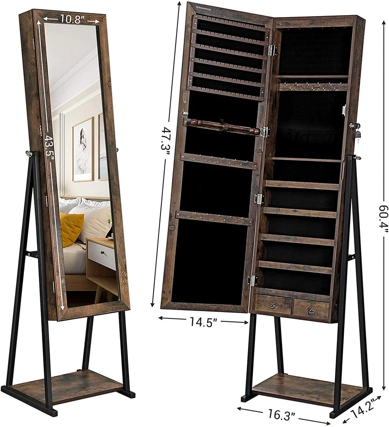 SONGMICS 6 LEDs Industrial Mirrored Jewelry Cabinet Armoire, Metal Frame, Rustic Brown