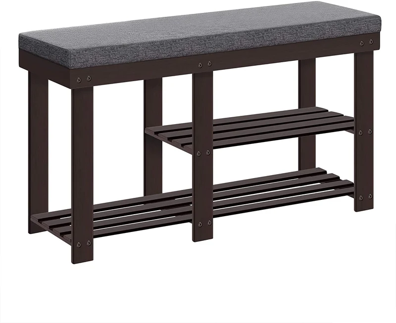 SONGMICS 3-Tier Shoe Rack Bench Bamboo Shoe Storage Bench with Cushion and Shelves in Hallway Entryway Brown and Gray