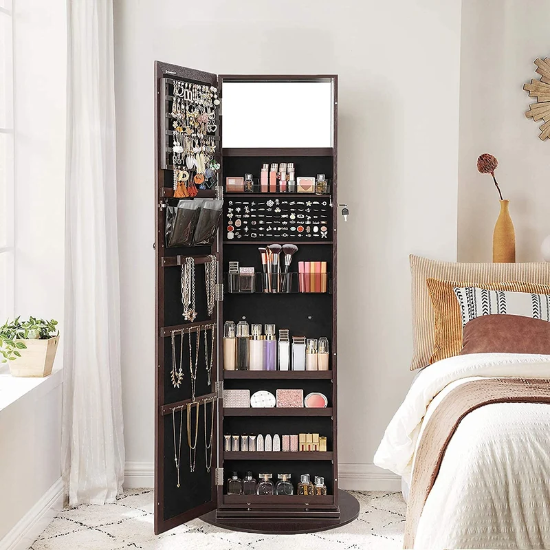 SONGMICS 360° Swivel Jewelry Cabinet Lockable Jewelry Armoire Box Organizer with Full Length Mirror Rear Storage Shelves Built-in Small Mirror Jewelry Armoire for Women Brown