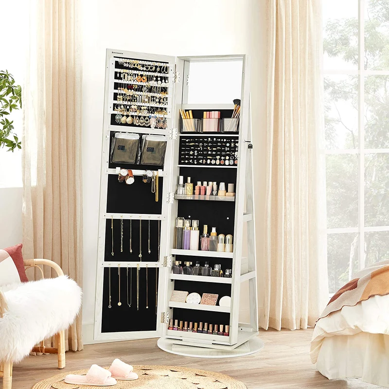SONGMICS 360° Swivel Jewelry Cabinet with Full Length Mirror Rear Storage Shelves White