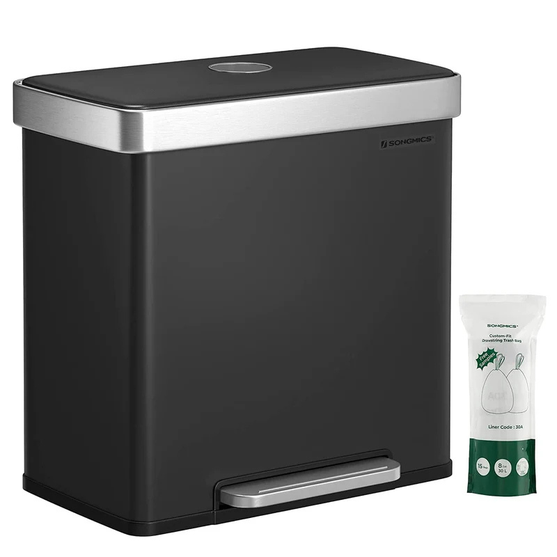 SONGMICS 16 Gallon Dual Trash Can, Compartment Garbage Can, 60L Pedal Recycling Bin, Black