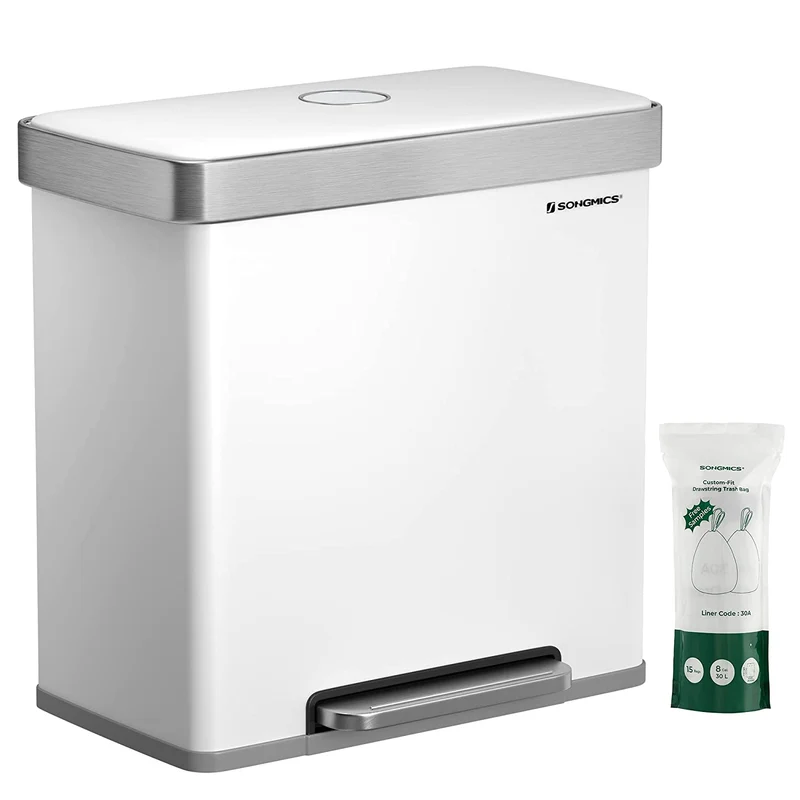 SONGMICS 16 Gallon Dual Trasn Can, Compartment Garbage Can, 60L Pedal Recycling Bin, White