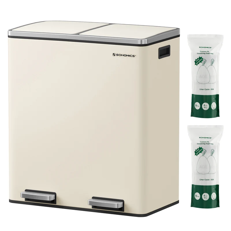 SONGMICS 2 x 8 Dual Trash Can and Trash Bags Bundle Recycling Garbage Bin with Drawstring Trash Bags Almond and White