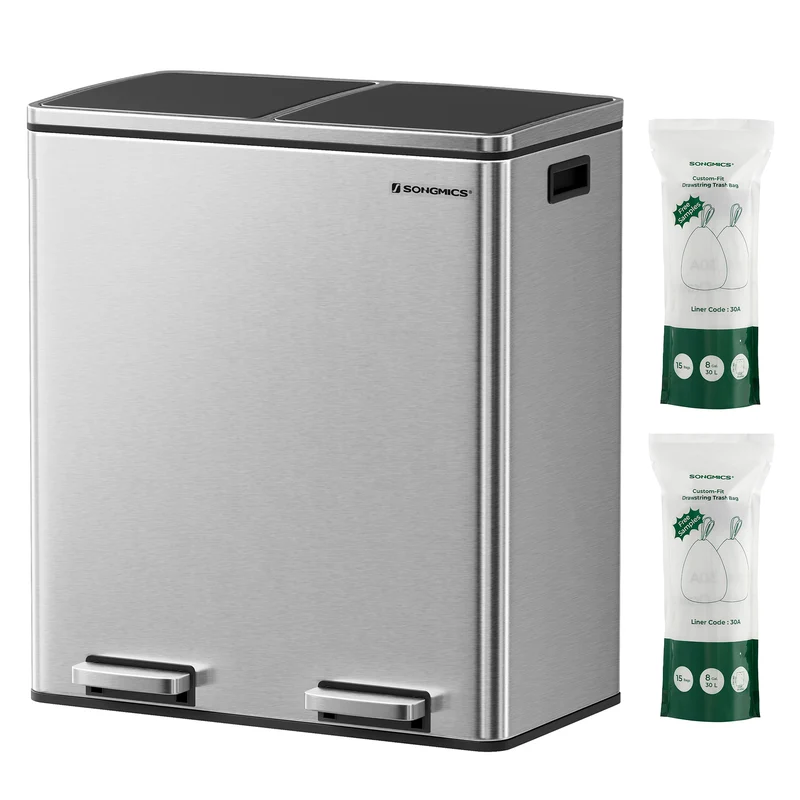 SONGMICS 2 x 8 Dual Trash Can and Trash Bags Bundle Recycling Garbage Bin with Drawstring Trash Bags Silver and White