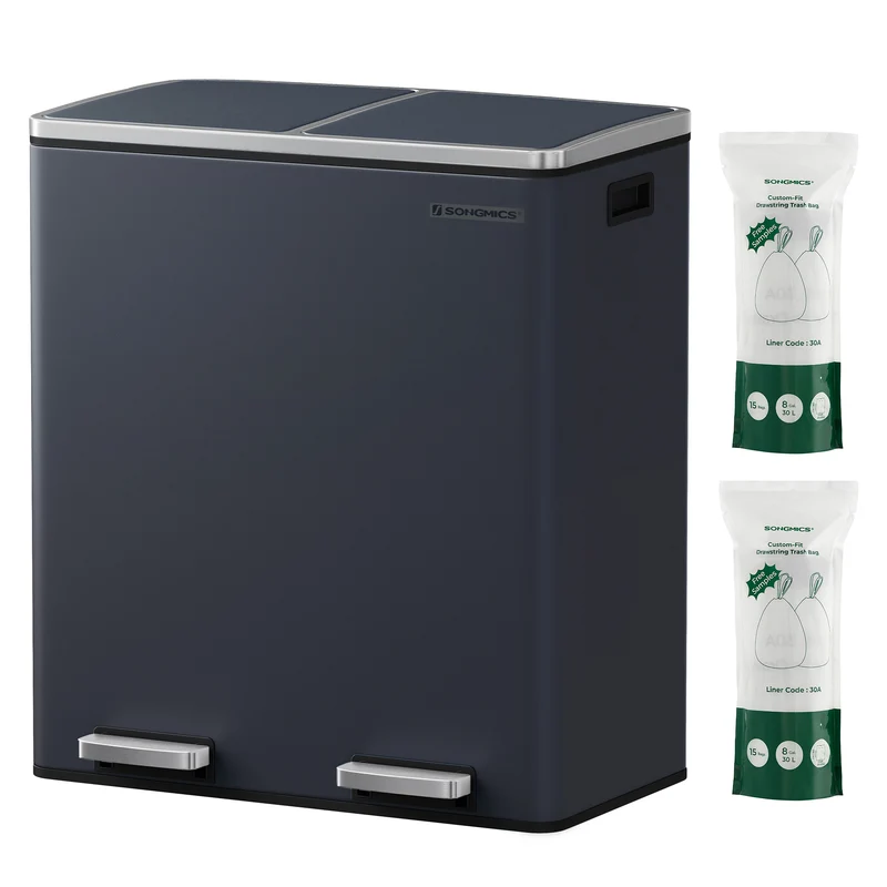 SONGMICS 2 x 8 Dual Trash Can and Trash Bags Bundle Recycling Garbage Bin with Drawstring Trash Bags Gray and White