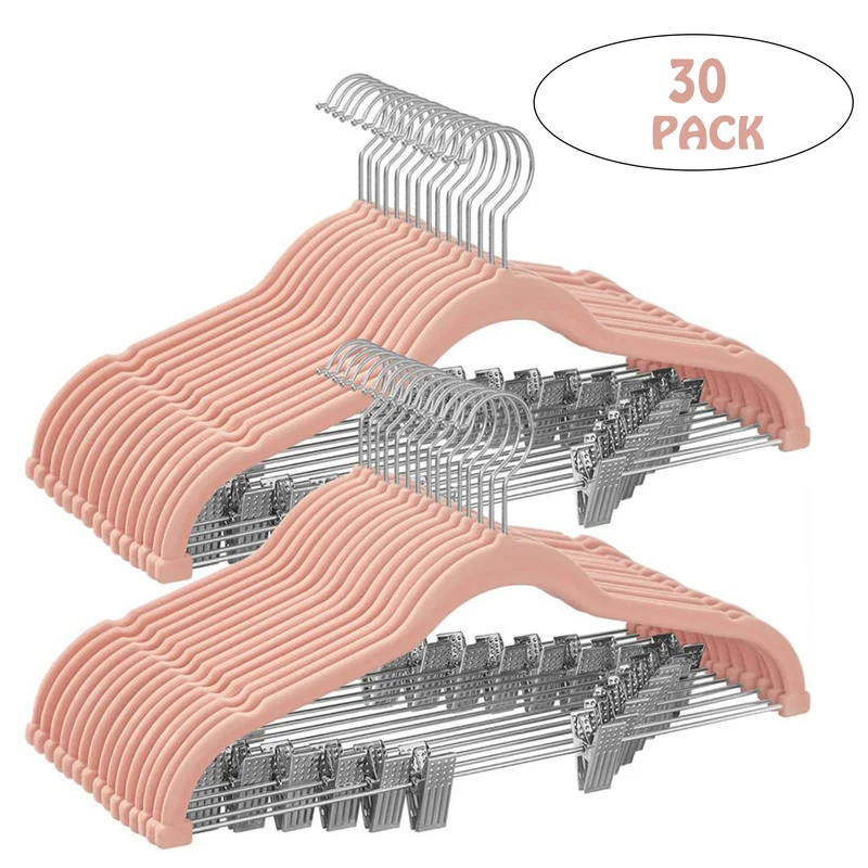 SONGMICS 30 Pack Pants Hangers 17 Inch Long Velvet Hangers with Adjustable Clips Non-Slip for Skirts Coats Dresses,Pink