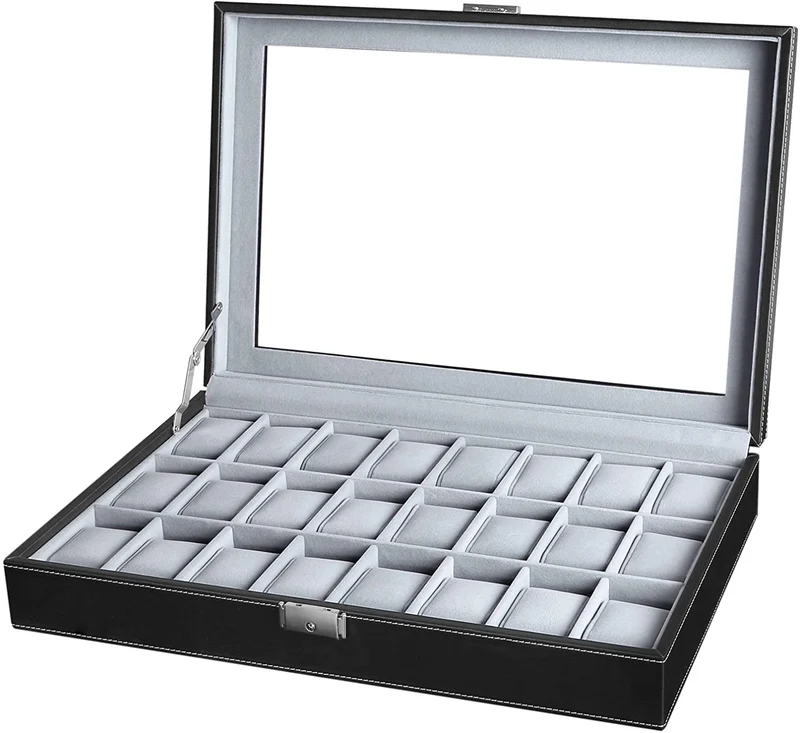 SONGMICS 24 Watch Box Large Watch Case Glass Top Black Display