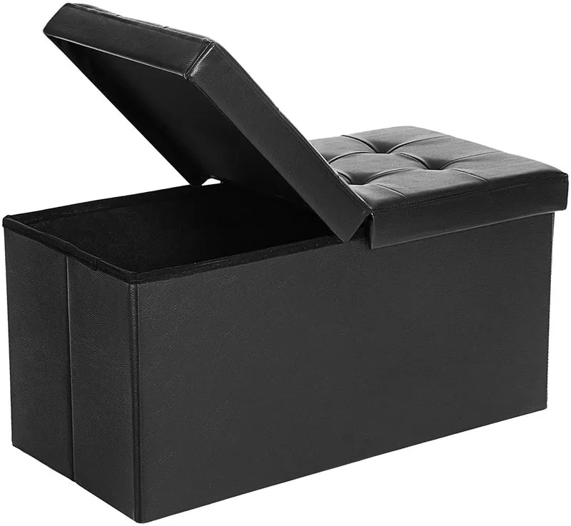 SONGMICS 30 Folding Storage Ottoman Bench Faux Leather Ottoman Footrest Black