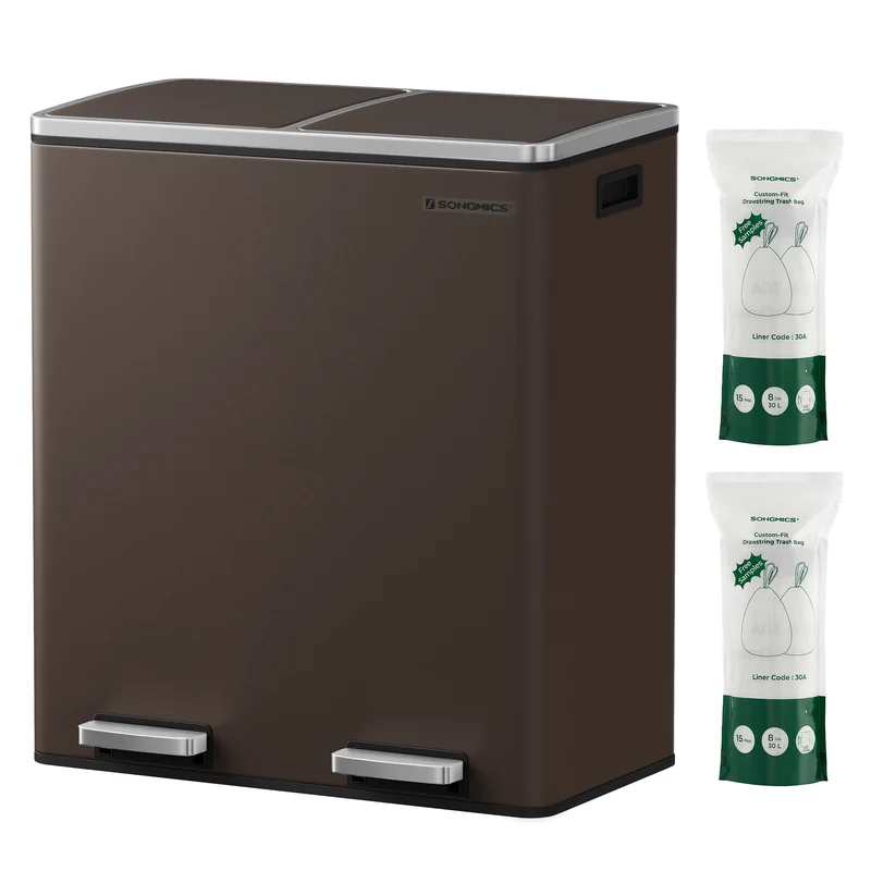 SONGMICS 2 x 8 Dual Trash Can and Trash Bags Bundle Recycling Garbage Bin with Drawstring Trash Bags Brown and White