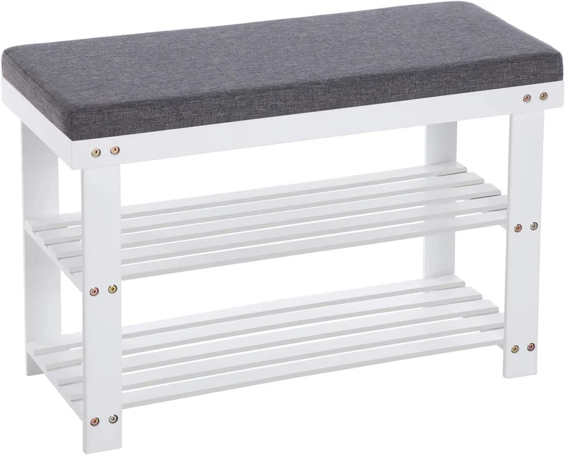 SONGMICS 3-Tier Bamboo Shoe Bench Seat Holds Up to 330 lb Shoe Rack Organizer for Entryway Living Room Natural and Gray