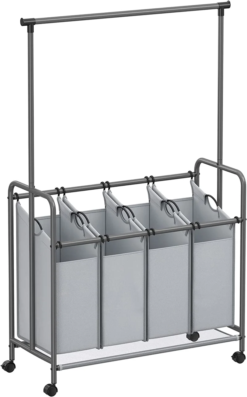 SONGMICS 4-Section Laundry Sorter Rolling Laundry Cart with Hanging Bar Laundry Organizer Gray