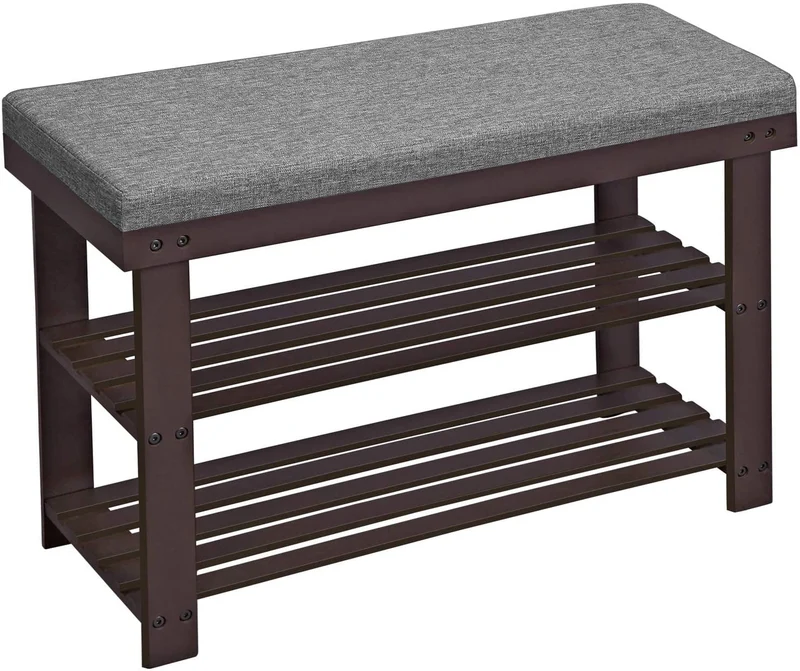 SONGMICS 3-Tier Bamboo Shoe Bench Seat Holds Up to 330 lb Shoe Rack Organizer for Entryway Living Room Brown and Gray