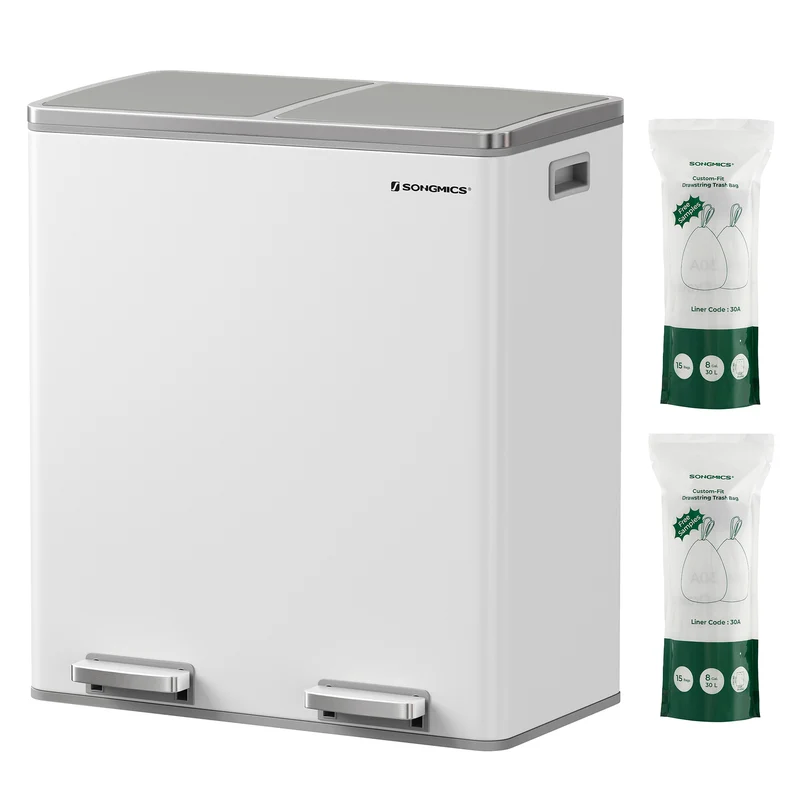 SONGMICS 2 x 8 Dual Trash Can and Trash Bags Bundle Recycling Garbage Bin with Drawstring Trash Bags White