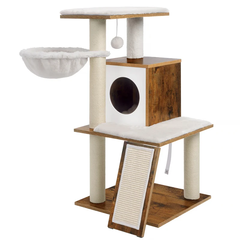 FEANDREA Cat Tree, Modern Cat Tower, Wood Cat Condo Furniture, Walnut Color