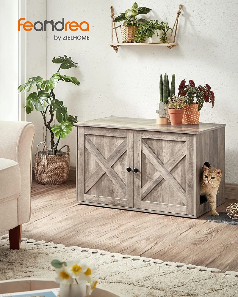 FEANDREA Litter Box Enclosure, Cat Litter Box Furniture Hidden, Greige
