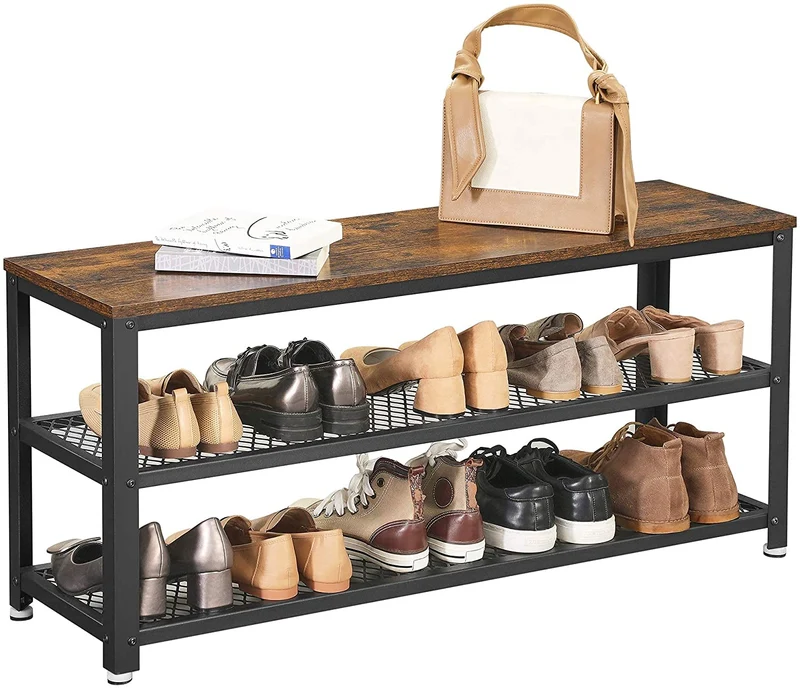 Shoe Rack,3-Tier Shoe Bench,Steel Frame for Entryway,Rustic Brown and Black
