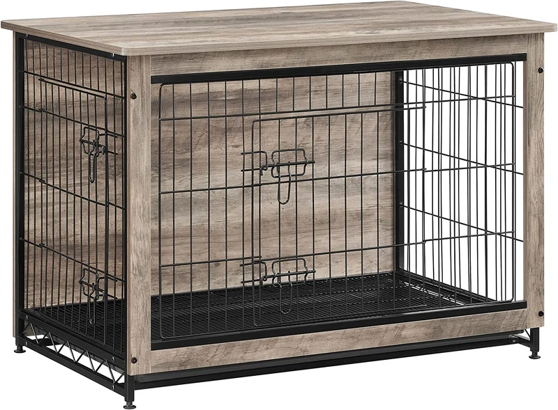FEANDREA Dog Crate Furniture, Double-Door Dog House, Greige