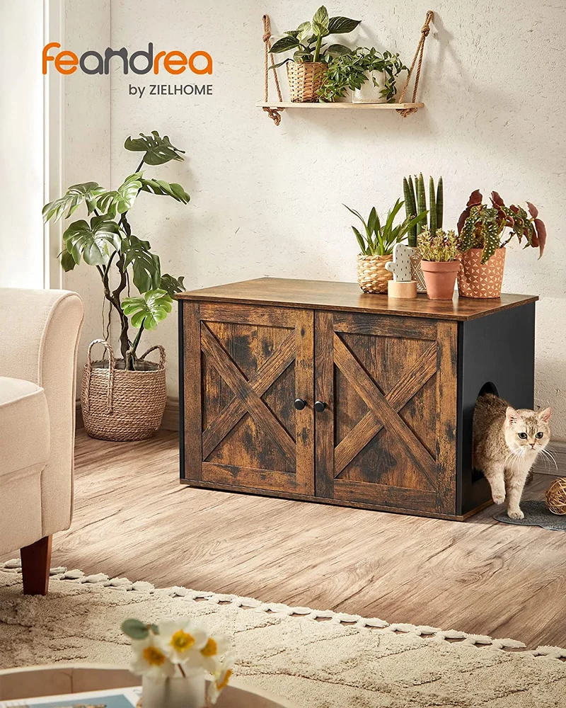 FEANDREA Litter Box Enclosure, Cat Litter Box Furniture Hidden, Rustic Brown and Black