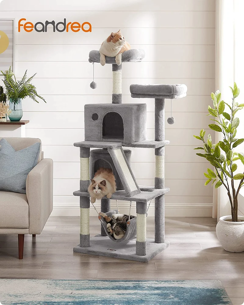 FEANDREA 61 Inches Cat Tree, Cat Tower with 2 Cat Caves, Light Gray