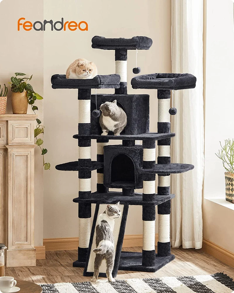 FEANDREA 67 Cat Tree Cat Tower for Large Cats with Cozy Perches Stable Smoky Gray