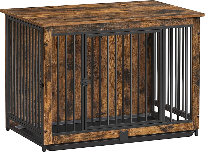 FEANDREA Dog Crate Furniture, Dog Cage with Double Doors, Rustic Brown