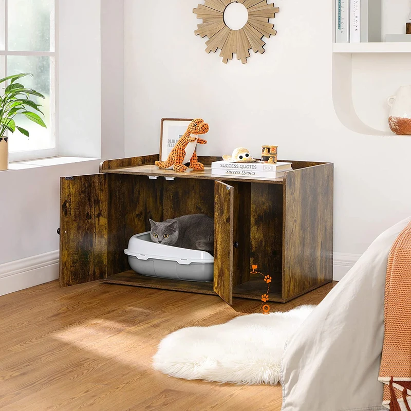 FEANDREA Litter Box Enclosure, Cat Litter Box Furniture, Modern Cat House, Rustic Brown