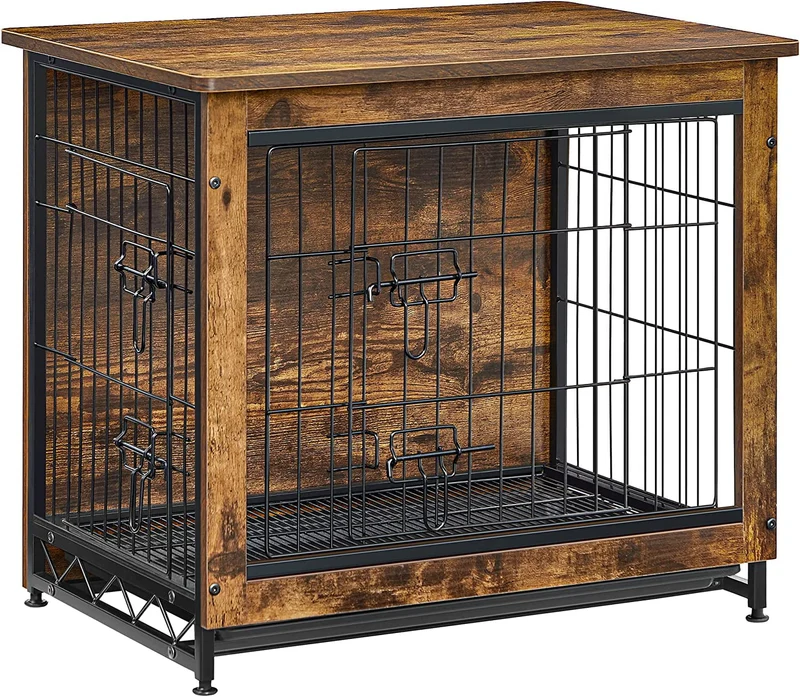FEANDREA Dog Crate Furniture, Double-Door Dog House, Rustic Brown