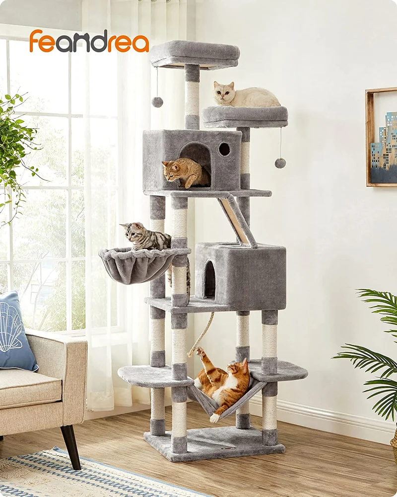 FEANDREA 81.1-Inch Cat Tree, Large Cat Tower with 13 Scratching Posts, Light Gray