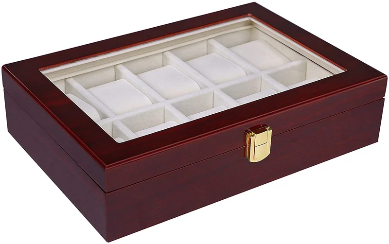 SONGMICS Watch Box 10-Slot Watch Case with Large Glass Lid Removable Watch Pillows Velvet Lining Watch Box Organizer Gift