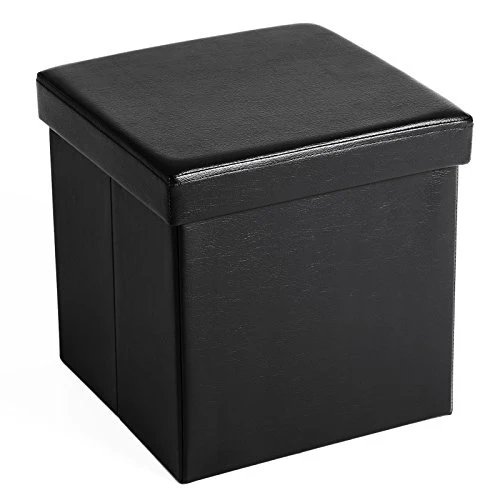 SONGMICS 15 Inches Folding Storage Ottoman Faux Leather, Black