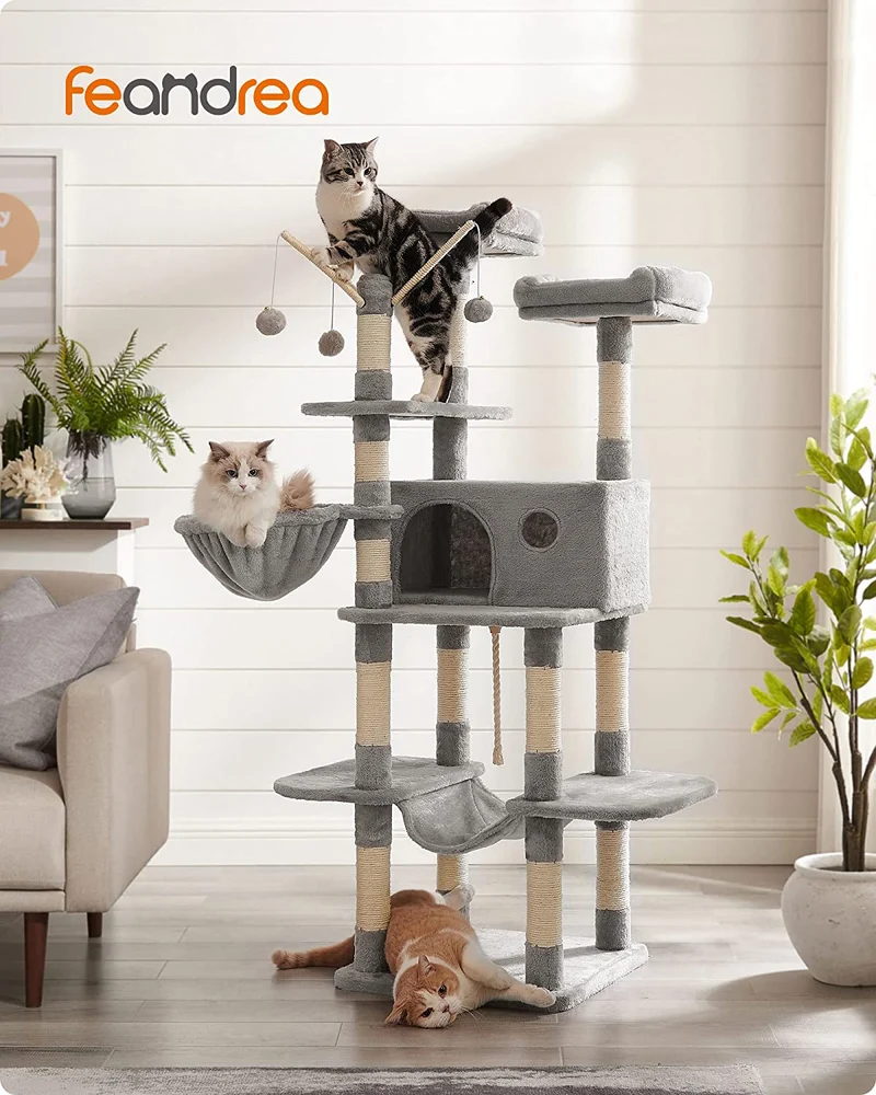 FEANDREA 64.6 Inches Cat Tree, Large Cat Tower, Cat Condo, Light Gray