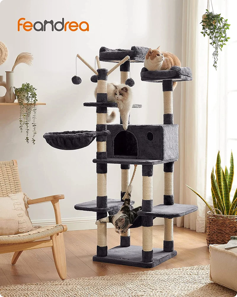 FEANDREA 64.6 Cat Tree Large Cat Tower Cat Activity Center with Hammock Cat Condo Smoky Gray
