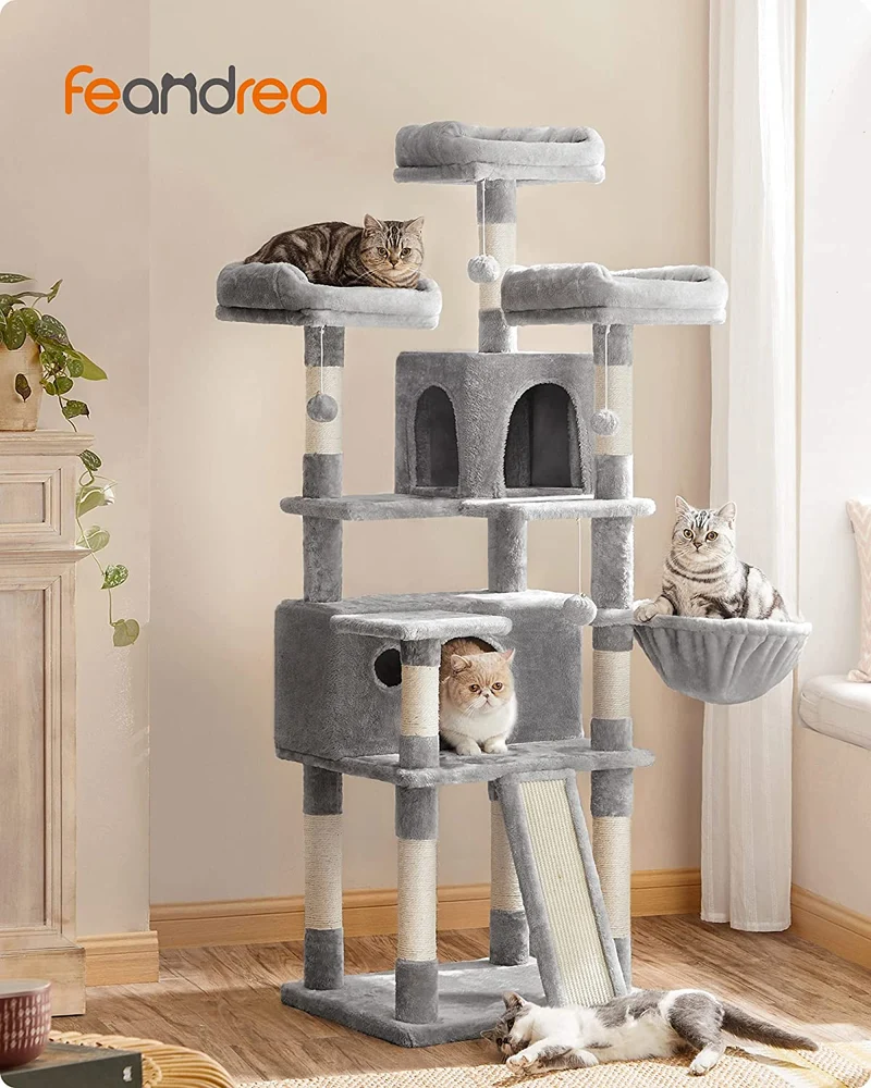 FEANDREA 66.5 Cat Tree Large Cat Tower Cat Condo with Scratching Posts Light Gray