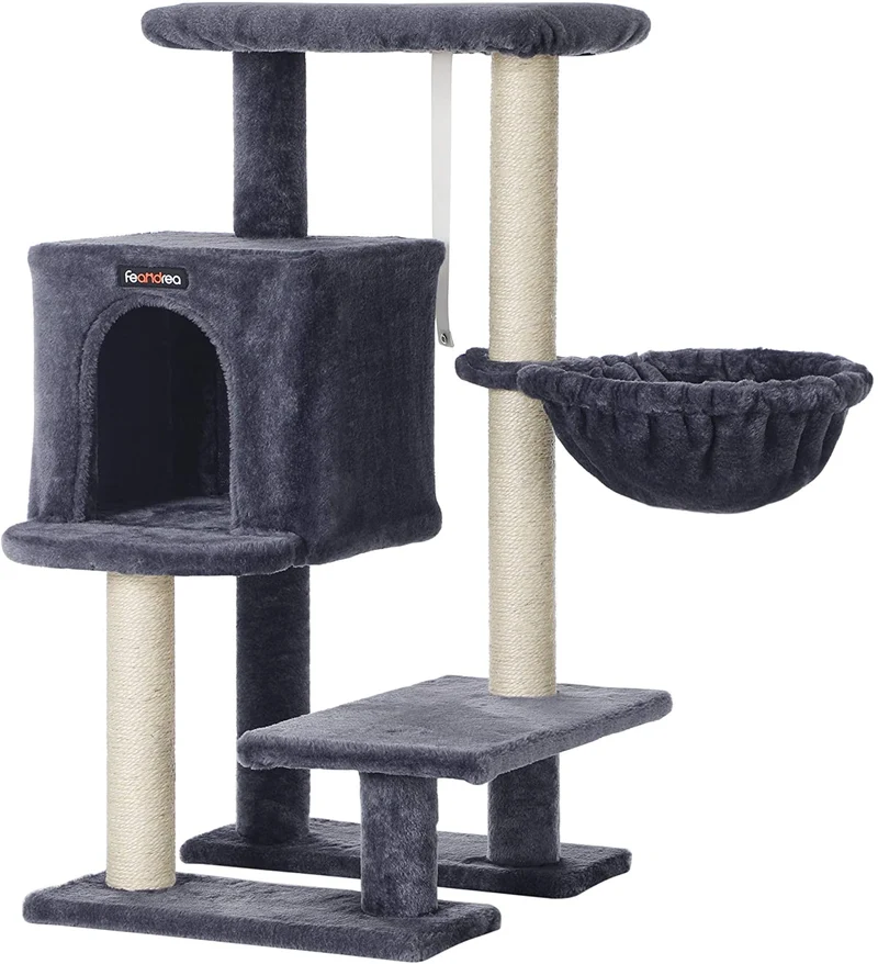 FEANDREA 33.1 Cat Tree Small Cat Tower Cat Condo with Basket Cat Cave for Small Spaces Smoky Gray