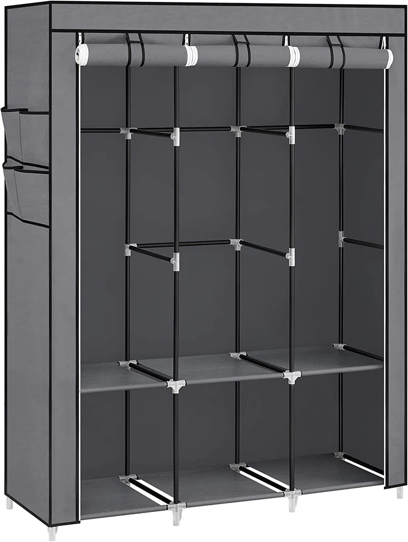 SONGMICS Portable Closet Wardrobe Closet Organizer with Cover3 Hanging Rods and Shelves 4 Side Pockets,17.7 x 51.2 x 65.7 Inches Large Capacity for Living Room,Gray