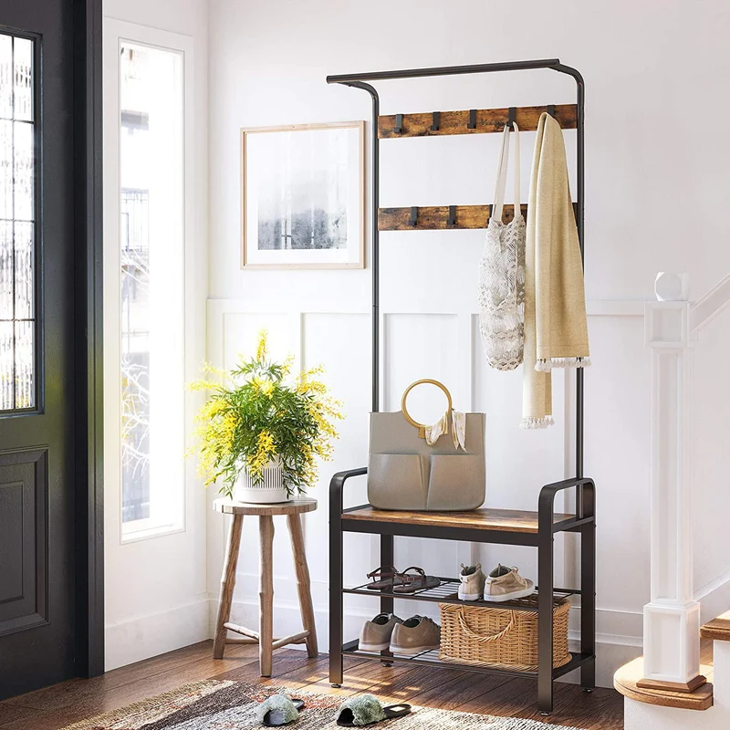 Vasagle Coat Rack, Hall Tree with Shoe Bench for Entryway, Rustic Brown and Black