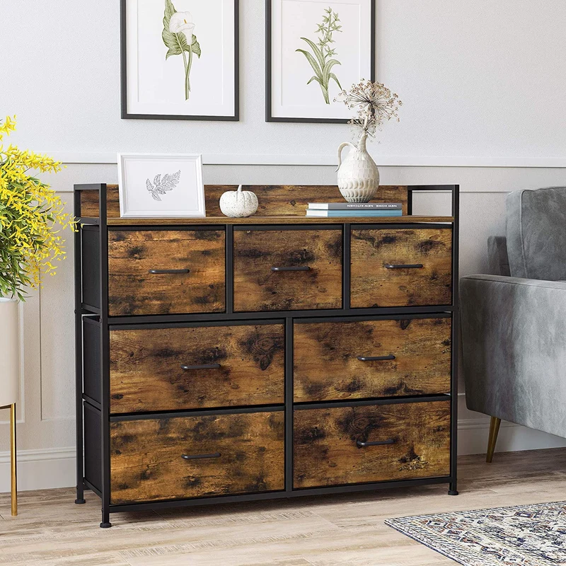 Songmics 7 Fabric Drawer Dresser for Livingroom Storage Dresser Rustic Brown and Black