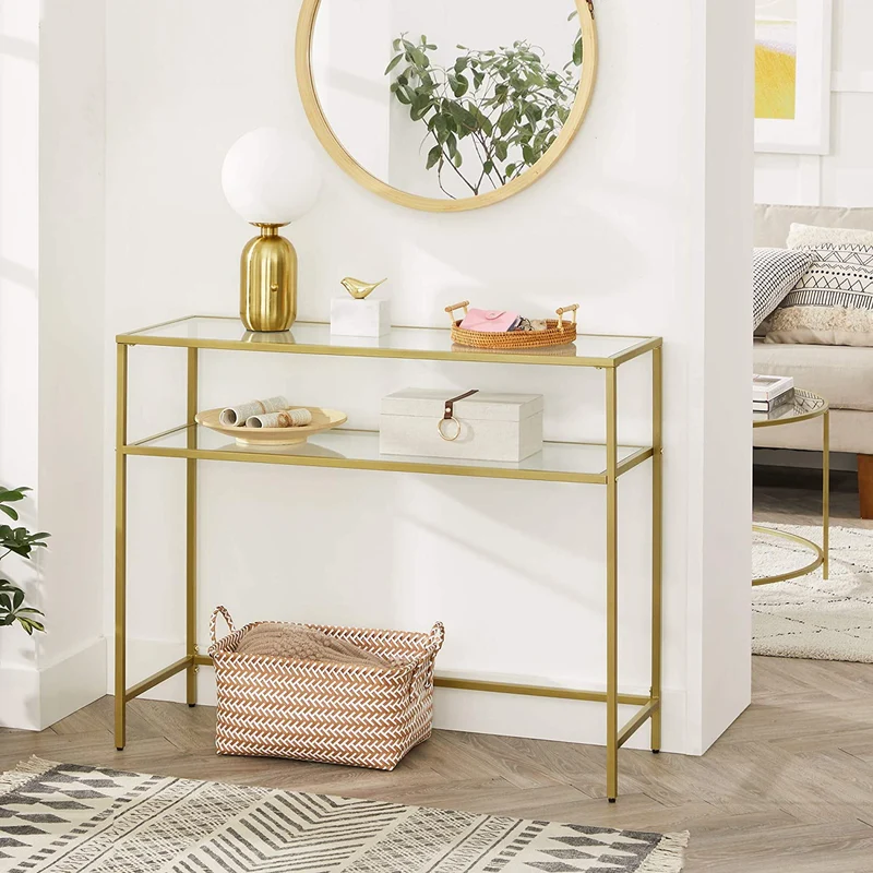 Vasagle 39.4 Console Table Metal Frame Entryway Table for Living Room Finsh Glass Color Gold