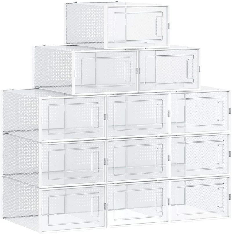 SONGMICS Shoe Boxes, Pack of 12 Stackable Shoe Storage Organizers, Foldable and Versatile for Sneakers, Fit up to US Size 10, Transparent and White