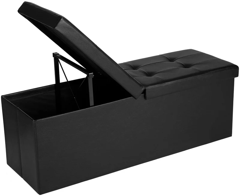 SONGMICS 43 Folding Storage Ottoman Bench Black Ottoman with Storage Leather Footrest