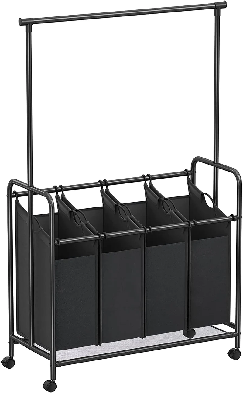 SONGMICS 4-Section Laundry Sorter Rolling Laundry Cart with Hanging Bar Laundry Organizer Black