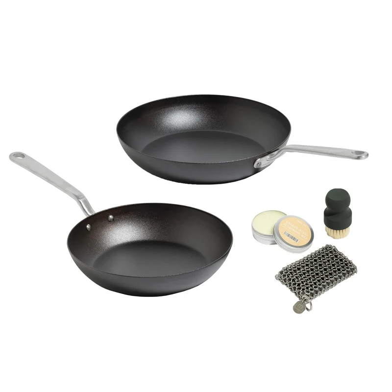 2-piece Seasoned Carbon Steel Frying Pan Set with Carbon Steel Care Kit