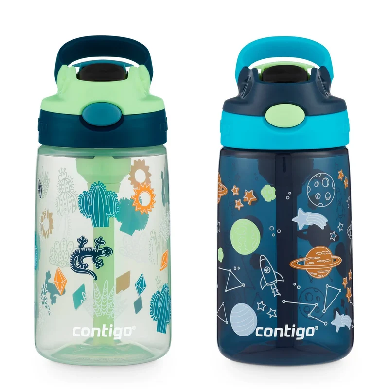 14oz 2pk Plastic Cleanable Kids' Water Bottles Green/Blue: Leakproof Toddler Straw Cups, Dishwasher-Safe