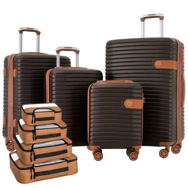 4 Piece Luggage Set Suitcase Set, Abs Hard Shell Lightweight Expandable Travel Luggage With 4 Packing Cubes, Tsa Lock, Spinner Wheels - Coffee