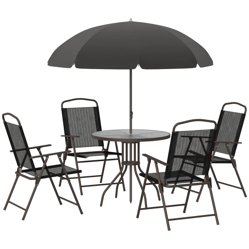 Outsunny - Patio Dining Set With Table Umbrella, Folding Chairs and Dining Table, Outdoor Patio Furniture Set