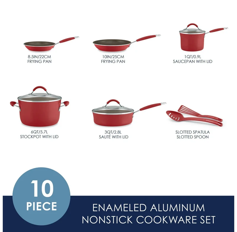 Porcelain Enamel Nonstick Cookware Set - Cranberry Red