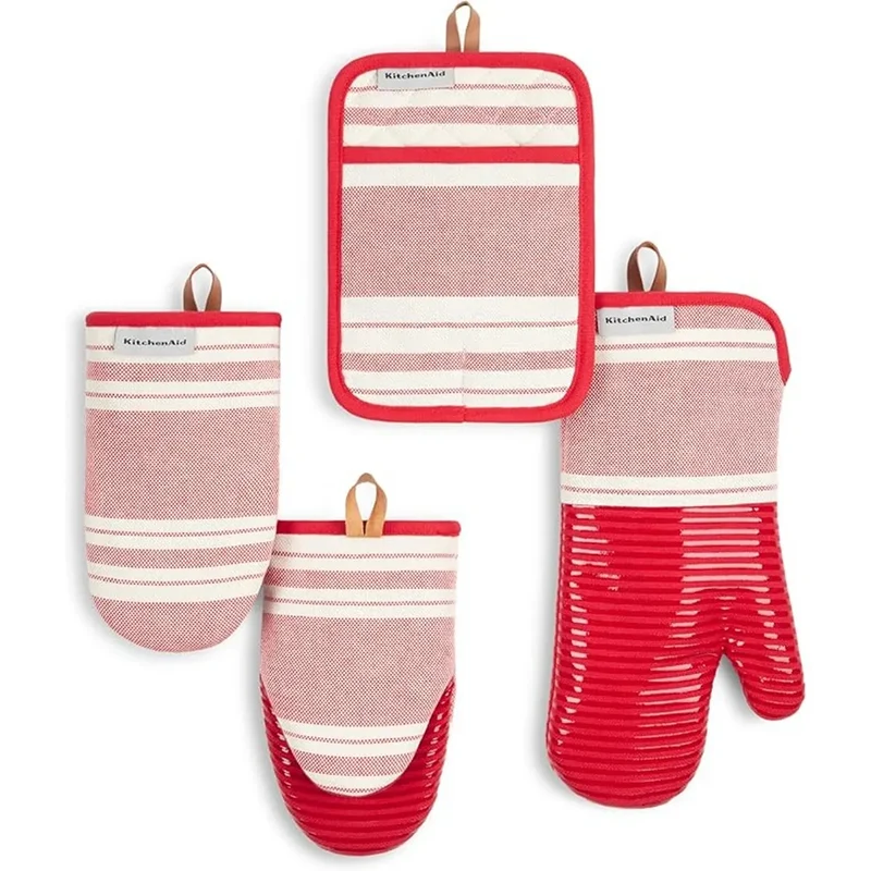 Vintage Stripe Oven Mitt, Mini Oven Mitt & Pot Holder 4-Pack, 100% Cotton, Heat Resistant - Passion Red/Ivory